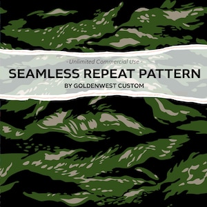May include: Seamless repeat pattern in green, black, and brown camouflage colors. The text "Seamless Repeat Pattern by Goldenwest Custom" is displayed on a white background with a ripped edge.