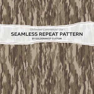 May include: A seamless repeat pattern featuring a vertical camouflage design in shades of brown, tan, and dark brown. A white horizontal banner with torn edges displays the text: Unlimited Commercial Use - SEAMLESS REPEAT PATTERN BY GOLDENWEST CUSTOM.