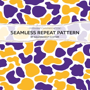 May include: A seamless repeat pattern featuring irregular organic shapes in purple and yellow on a white background. A horizontal white banner with torn edges overlays the center, displaying the text: - Unlimited Commercial Use - SEAMLESS REPEAT PATTERN BY GOLDENWEST CUSTOM.