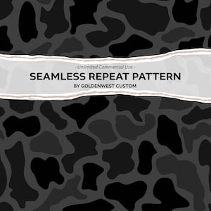 May include: A seamless repeat pattern featuring irregular black and dark grey organic shapes. A horizontal white banner with a torn paper edge effect displays the text: - Unlimited Commercial Use - SEAMLESS REPEAT PATTERN BY GOLDENWEST CUSTOM.