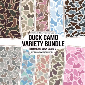 May include: A digital graphic collection titled DUCK CAMO VARIETY BUNDLE TEN UNIQUE DUCK CAMO'S BY GOLDENWEST CUSTOM, featuring ten distinct camouflage patterns with torn paper edges in various color palettes including pink, blue, brown, and gray.