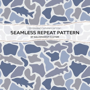 May include: A seamless repeat pattern featuring silhouettes of fish interspersed with irregular organic shapes in shades of blue, light blue, and grey. The text reads: - Unlimited Commercial Use - SEAMLESS REPEAT PATTERN BY GOLDENWEST CUSTOM.