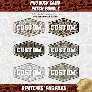 May include: A digital bundle of six hexagonal patches featuring various duck camouflage patterns in shades of brown, green, gray, and white. Each patch displays the word CUSTOM in bold white block letters. Text includes PNG DUCK CAMO PATCH BUNDLE.