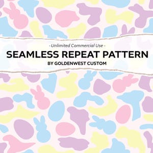 Peut inclure: Motif de répétition sans couture avec des formes pastel et des éléments sur le thème de Pâques, comme des œufs et des lapins. Le design comprend le texte "Seamless Repeat Pattern" et "Unlimited Commercial Use" par Goldenwest Custom.