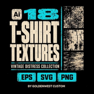 May include: A digital graphic featuring the text 18 T-SHIRT TEXTURES VINTAGE DISTRESS COLLECTION with an Ai icon, three square weathered texture samples, and EPS, SVG, PNG labels in cyan and off-white on a black background by GOLDENWEST CUSTOM.
