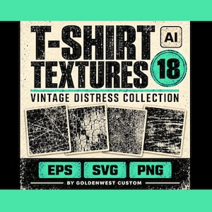 Może przedstawiać: Cyfrowy zasób do projektowania graficznego zatytułowany T-SHIRT TEXTURES 18 VINTAGE DISTRESS COLLECTION. Zawiera cztery czarno-białe kwadraty z teksturą, etykiety formatów plików EPS, SVG i PNG oraz tekst BY GOLDENWEST CUSTOM.