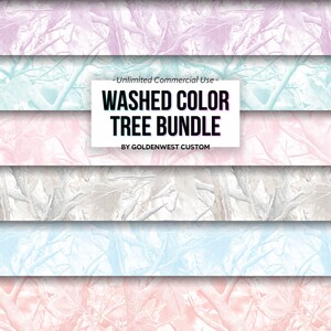May include: A collection of digitally designed tree patterns in various pastel colors, including pink, blue, and lavender. The patterns are layered in horizontal stripes. The image includes the text "Washed Color Tree Bundle" and "By Goldenwest Custom."