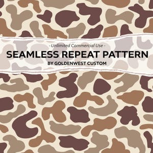 May include: Seamless repeat pattern with brown, beige, and light brown abstract shapes on a cream background. The text "Seamless Repeat Pattern by Goldenwest Custom" is displayed on a white banner with a torn edge.