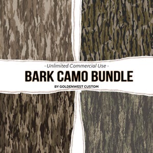 Op de afbeelding: Een digitaal grafisch pakket met vier verschillende boomschors camouflagepatronen in tinten bruin, groen en grijs. De afbeelding bevat de tekst "Unlimited Commercial Use - BARK CAMO BUNDLE BY GOLDENWEST CUSTOM" gecentreerd in het midden.