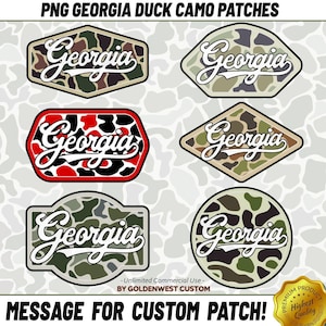 May include: A collection of six Georgia duck camo patches in various shapes, including a hexagon, diamond, and circle. Each patch features the word "Georgia" in a cursive font over a camouflage pattern. The text "PNG GEORGIA DUCK CAMO PATCHES" is at the top.