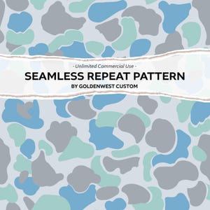May include: Seamless repeat pattern design featuring abstract shapes in shades of blue, gray, and teal. The design includes the text "SEAMLESS REPEAT PATTERN" and "BY GOLDENWEST CUSTOM" on a light gray background.