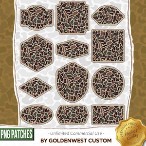 以下が含まれることがあります： 茶色、緑、ベージュの色合いのカモフラージュ柄の、様々な形のパッチのコレクション。 パッチは茶色の縁取りがあり、白い背景に配置されています。 「PNG PATCHES」と「BY GOLDENWEST CUSTOM」の文字が見えます。