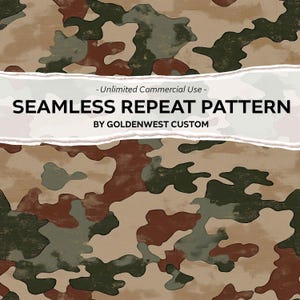 May include: Camouflage pattern in shades of brown, green, and tan. The design features irregular shapes and a distressed texture. Text on a white banner reads "SEAMLESS REPEAT PATTERN" and "BY GOLDENWEST CUSTOM".