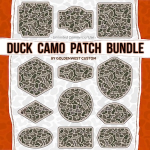 May include: A bundle of duck camo patches in diverse shapes, such as rectangles, ovals, and hexagons. The patches display a brown, green, and tan camouflage pattern. The text "Duck Camo Patch Bundle" is shown above the patches.