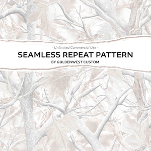 Op de afbeelding: Een naadloos herhalend patroonontwerp met een camouflage-achtig patroon van boomtakken en bladeren in wit, grijs en beige. De tekst luidt "SEAMLESS REPEAT PATTERN" en "BY GOLDENWEST CUSTOM".