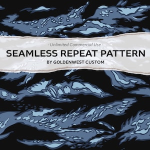 Peut inclure: Motif de répétition sans couture en nuances de bleu et de noir. Le motif présente un motif en forme de nuage. Le texte "SEAMLESS REPEAT PATTERN" est affiché sur une bannière en papier déchiré. Le texte "BY GOLDENWEST CUSTOM" est également visible.