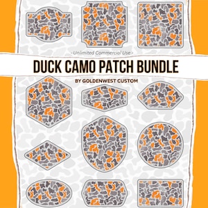 May include: A collection of duck camo patches in various shapes, including rectangles, circles, and hexagons. The patches feature a gray, orange, and black camouflage pattern. Text on the image reads "Duck Camo Patch Bundle" and "By Goldenwest Custom."
