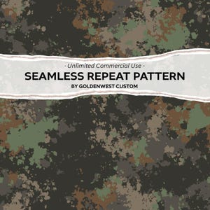 May include: A seamless repeat pattern featuring a camouflage design with mottled patches of dark brown, black, olive green, and tan. A horizontal white banner with torn edges overlays the center, displaying the text: - Unlimited Commercial Use - SEAMLESS REPEAT PATTERN BY GOLDENWEST CUSTOM.