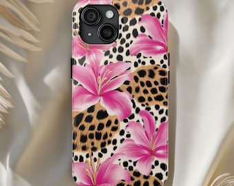 Leopard & Pink Hibiscus Phone Case, Tropical Floral, Animal Print Cover, Y2K Phone Case, Collage iPhone  Cover, Trendy Cute Phone Case