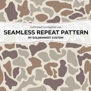 May include: A seamless repeat pattern design featuring organic shapes in shades of brown, gray, and beige. The text "SEAMLESS REPEAT PATTERN" is displayed in bold black font, with "BY GOLDENWEST CUSTOM" below it.