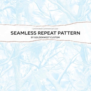 May include: A seamless repeat pattern design with a light blue and white color scheme. The background features a pattern of tree branches and leaves. The text "SEAMLESS REPEAT PATTERN" is displayed in bold black font.