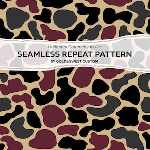 May include: A seamless repeat pattern featuring irregular organic shapes in black, dark gray, and deep maroon against a tan background. A white horizontal banner with torn edges overlays the center, displaying the text: Unlimited Commercial Use - SEAMLESS REPEAT PATTERN BY GOLDENWEST CUSTOM.