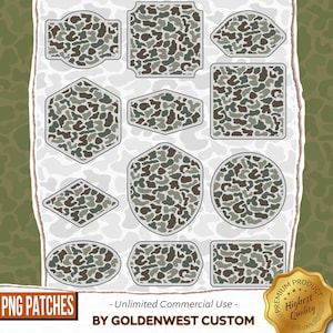 May include: A selection of camouflage pattern patches in diverse shapes, such as rectangles, hexagons, and circles. The patches display a blend of green, brown, and grey hues. The text "PNG PATCHES - Unlimited Commercial Use - BY GOLDENWEST CUSTOM" is visible.