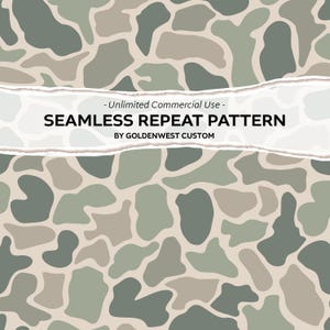 May include: A seamless repeat pattern featuring organic, rounded camouflage shapes in shades of sage green, olive, and beige. A horizontal white torn paper strip across the centre displays the text: Unlimited Commercial Use - SEAMLESS REPEAT PATTERN BY GOLDENWEST CUSTOM.