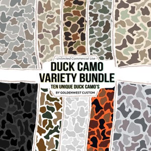 Könnte beinhalten: Ein digitales Grafikpaket mit zehn verschiedenen Enten-Tarnmustern in verschiedenen Farbschemata, darunter Grau, Braun, Grün, Weiß und Orange. Der zentrale Text lautet: Unlimited Commercial Use, DUCK CAMO VARIETY BUNDLE, TEN UNIQUE DUCK CAMO'S, BY GOLDENWEST CUSTOM.