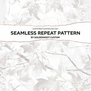 May include: A seamless repeat pattern design featuring a light gray and white leaf pattern. The text "SEAMLESS REPEAT PATTERN" is displayed in black, with "BY GOLDENWEST CUSTOM" below it. The words "- Unlimited Commercial Use -" are above the main text.