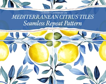 Mediterranean Summer Seamless Pattern, Italy Summer png, Italian Summer png, La Dolce Vita Digital, Summer Party, Watercolor Citrus Tiles