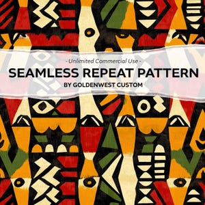 May include: A seamless repeat pattern design with a bold, geometric aesthetic. The pattern features abstract shapes in red, yellow, green, and cream against a black background. Text reads "SEAMLESS REPEAT PATTERN" and "BY GOLDENWEST CUSTOM".