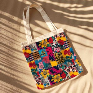 K&ouml;nnte beinhalten: Eine farbenfrohe Tragetasche mit einem Patchwork-Design mit Blumen-, Leoparden- und geometrischen Mustern. Die Tasche hat einen cremefarbenen oberen Teil und Griffe und ist vor einem neutralen Hintergrund platziert.