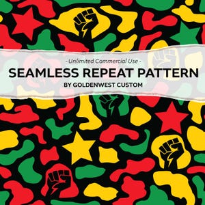 May include: Seamless repeat pattern with a black backdrop, showcasing red stars, green and yellow organic shapes, and black power fist graphics. The text "SEAMLESS REPEAT PATTERN" is on a white banner, with "- Unlimited Commercial Use -" above and "BY GOLDENWEST CUSTOM" below.