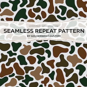 Könnte beinhalten: Nahtloses sich wiederholendes Muster mit braunen, grünen und beigefarbenen abstrakten Formen auf weißem Hintergrund. Der Text "Seamless Repeat Pattern by Goldenwest Custom" wird auf einem weißen Banner mit zerrissenem Rand angezeigt.