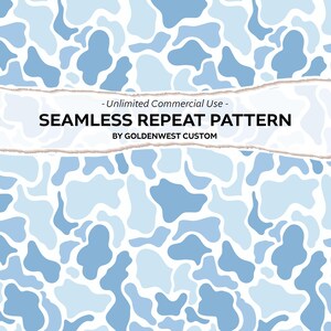 May include: A seamless repeat pattern featuring organic, amoeba-like shapes in shades of light blue and white. A horizontal white banner with torn edges overlays the center, displaying the text: - Unlimited Commercial Use - SEAMLESS REPEAT PATTERN BY GOLDENWEST CUSTOM.