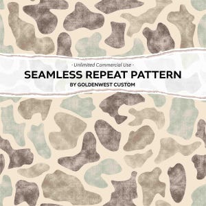 Könnte beinhalten: Nahtloses Muster mit abstrakten Formen in Braun-, Beige- und Grüntönen auf cremefarbenem Hintergrund. Der Text lautet „SEAMLESS REPEAT PATTERN“ und „BY GOLDENWEST CUSTOM“. Geeignet für verschiedene Designanwendungen.