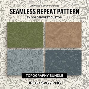 May include: A digital topography bundle featuring seamless repeat patterns with contour lines. The collection includes four rectangular swatches in olive green, tan, light blue, and dark gray, all set against a cream background with black text.