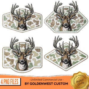 May include: Four PNG files featuring detailed illustrations of a deer head with large antlers. Each deer is set against a camouflage pattern background within a decorative frame. The text "4 PNG FILES" and "- Unlimited Commercial Use - BY GOLDENWEST CUSTOM" are also visible.