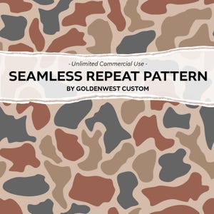 May include: Seamless repeat pattern featuring organic shapes in shades of brown, gray, and tan. The design includes the text "SEAMLESS REPEAT PATTERN" and "BY GOLDENWEST CUSTOM" on a torn paper background.