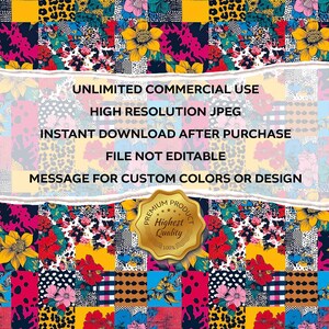 K&ouml;nnte beinhalten: Ein lebendiges digitales Design mit einem Patchwork aus Blumen-, Leoparden- und geometrischen Mustern in Gelb, Pink, Rot und Blau. Das Design enth&auml;lt Text: "UNLIMITED COMMERCIAL USE", "HIGH RESOLUTION JPEG", "INSTANT DOWNLOAD AFTER PURCHASE", "FILE NOT EDITABLE" und "MESSAGE FOR CUSTOM COLORS OR DESIGN".