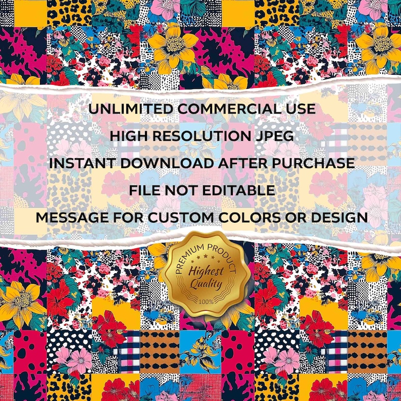 K&ouml;nnte beinhalten: Ein lebendiges digitales Design mit einem Patchwork aus Blumen-, Leoparden- und geometrischen Mustern in Gelb, Pink, Rot und Blau. Das Design enth&auml;lt Text: "UNLIMITED COMMERCIAL USE", "HIGH RESOLUTION JPEG", "INSTANT DOWNLOAD AFTER PURCHASE", "FILE NOT EDITABLE" und "MESSAGE FOR CUSTOM COLORS OR DESIGN".