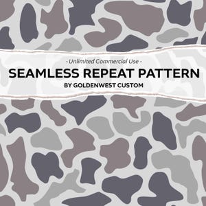 Puede incluir: Un diseño de patrón repetitivo sin costuras con formas orgánicas en tonos de gris, topo y carbón sobre un fondo gris claro. El diseño incluye el texto "SEAMLESS REPEAT PATTERN" y "BY GOLDENWEST CUSTOM".