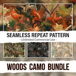 Puede incluir: Una pantalla gráfica digital que presenta un paquete de camuflaje de bosque con patrones de repetición sin costuras. La imagen muestra varios diseños de hojas y ramas en colores otoñales, negro, blanco y beige. Texto: SEAMLESS REPEAT PATTERN - Unlimited Commercial Use - WOODS CAMO BUNDLE.
