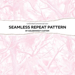 以下が含まれることがあります： ピンク色のシームレスリピートパターン。葉と枝の迷彩柄のデザインです。「SEAMLESS REPEAT PATTERN」と「BY GOLDENWEST CUSTOM」の文字が白い背景に表示されています。