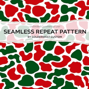 Peut inclure: Motif de répétition sans couture avec des formes organiques rouges et vertes sur fond blanc. Le design comprend le texte "SEAMLESS REPEAT PATTERN" et "BY GOLDENWEST CUSTOM".