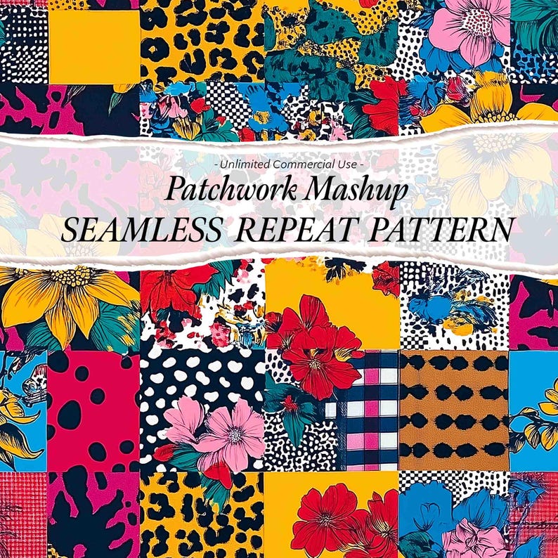K&ouml;nnte beinhalten: Ein lebendiges Patchwork-Design mit einer Mischung aus Blumen-, Leopardenmuster- und Polka-Dot-Mustern in verschiedenen Farben, darunter Gelb, Rosa, Rot und Blau. Der Text "Patchwork Mashup SEAMLESS REPEAT PATTERN" ist zu sehen.