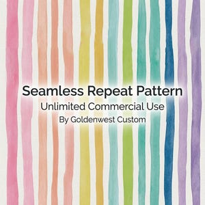 Op de afbeelding: Een digitale afbeelding met verticale aquarelstrepen in een regenboogspectrum van roze, oranje, geel, groen, blauwgroen, blauw en paars. De tekst luidt: Seamless Repeat Pattern, Unlimited Commercial Use, By Goldenwest Custom.