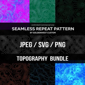 Puede incluir: Un paquete digital de topografía con patrones de repetición sin costuras en varios colores, incluyendo rosa neón, azul, verde y negro. El texto dice: Unlimited Commercial Use, SEAMLESS REPEAT PATTERN BY GOLDENWEST CUSTOM, JPEG / SVG / PNG, TOPOGRAPHY BUNDLE.