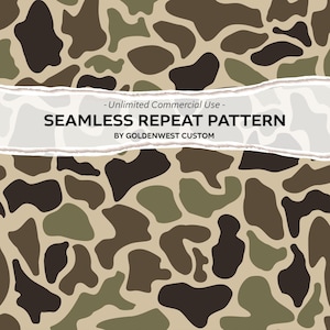 May include: A seamless repeat pattern featuring a camouflage design in shades of tan, olive green, and dark brown. A white torn paper overlay displays the text: - Unlimited Commercial Use - SEAMLESS REPEAT PATTERN BY GOLDENWEST CUSTOM.